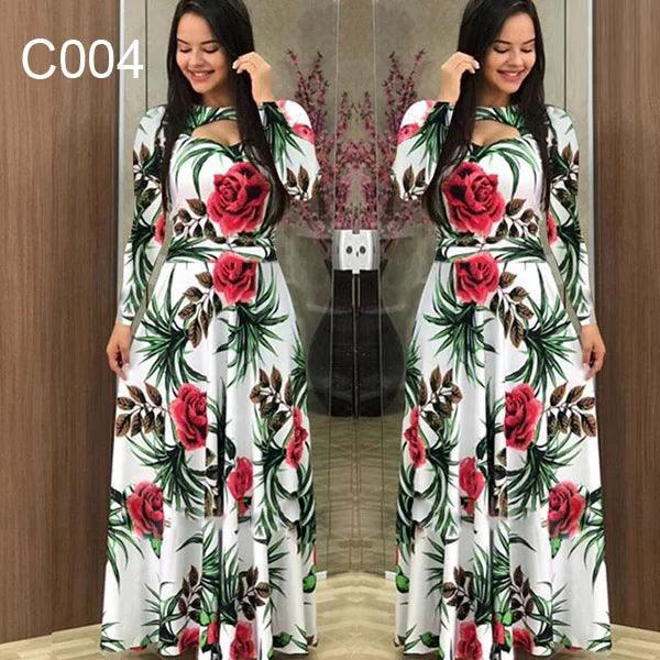 Spring /Autumn Fashion Flower Long Sleeved O-Neck Hollow Slim Fit Dress Women Elegant Long Vestido Maxi Clothes Robe Sexy Femme - MauBai