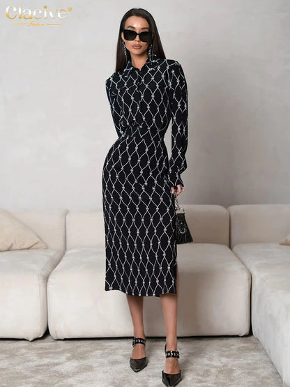 Clacive Fashion Loose Print Women'S Dress 2024 Casual Lapel Long Sleeve Midi Dresses Elegant Classic Lace-Up Slit Female Dress