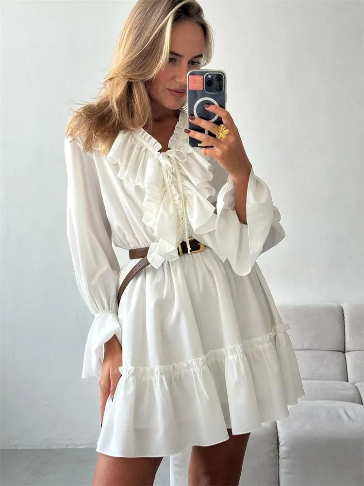 Tossy Ruffled V-Neck White Mini Dress Female Patchwork Long Sleeve Elegant Bandage Fashion Dress High Waist Lace-Up Women Dress - MauBai