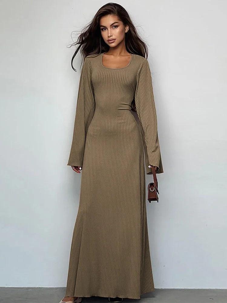 Tossy Scoop Neck Lace-Up Ribbed Maxi Dress Female Long Sleeve Fashion Slim Loose Bandage Dress Autumn 2023 Solid Women Dress New - MauBai