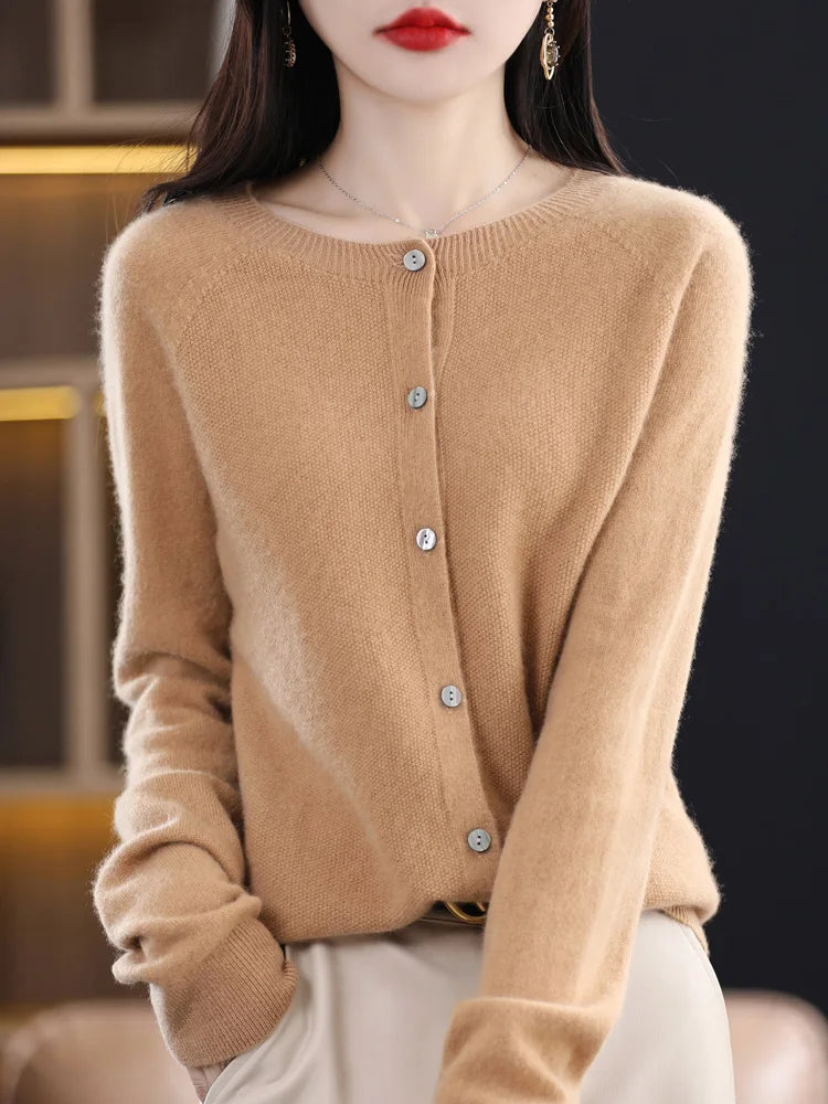 Addonee Women 100% Merino Wool Sweater Cashmere O-neck Cardigan Raglan Sleeve Classical Knitwear Solid Fashion Basic Clothing