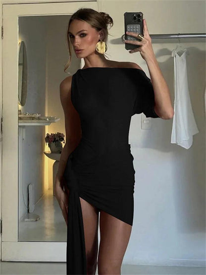 Tossy Sexy Summer Slim Mini Dress Female High Waist Short Sleeve One-Shoulder Patchwork Party Dress For Women Y2k Bodycon Dress - MauBai