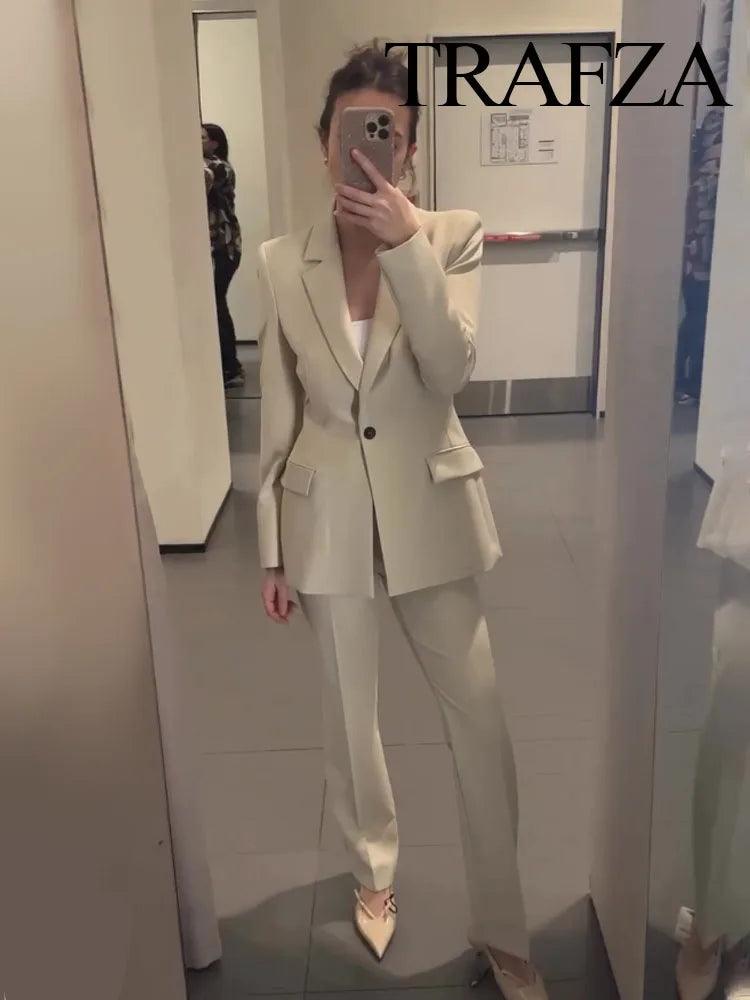 TRAFZA Women Blazer Suit Fashion Long Sleeves Lapel One Buckle Decorate Suit Jacket+Elegant Side Pocket Zipper Casual Trousers - MauBai