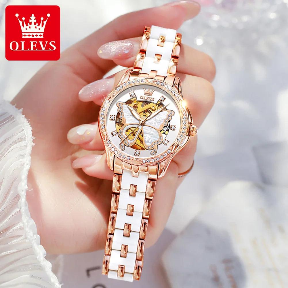 OLEVS 6622 Butterfly Dial Luxury Mechanical Watch For Women Hollow Ceramic Strap Wristwatch Waterproof Original Woman Watches