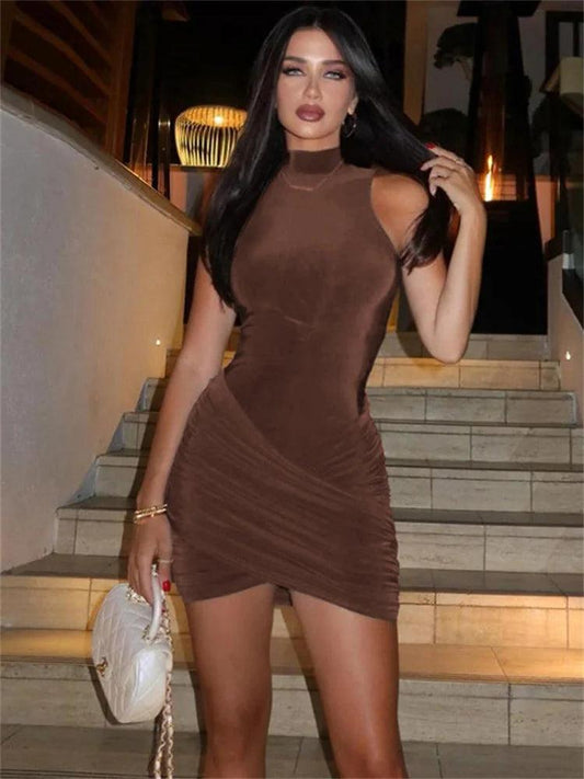 Tossy Sexy Sleeveless Patchwork Mini Dress Female Solid Skinny Pleated Fashion High Waist Casual Dress For Women Party Dress New