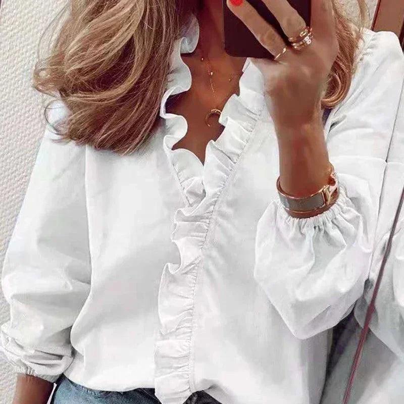 2024 Vintage Ruffles Women Blouses Autumn Long Sleeve Office Lady Elegant Tops Cotton Casual Tops V-neck Shirt Clothing - MauBai