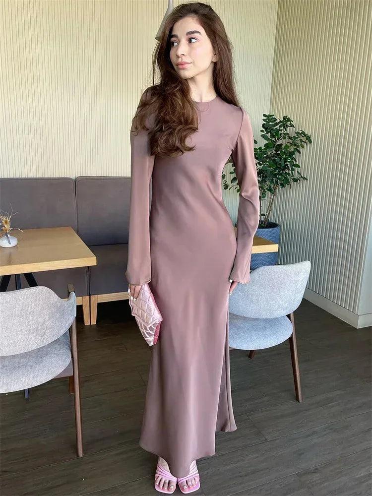 Tossy Satin Fashion Slim Maxi Dress For Women Long Sleeve High Waist Elegant Solid Party Dress Casual Luxury Ladies Autumn Dress - MauBai