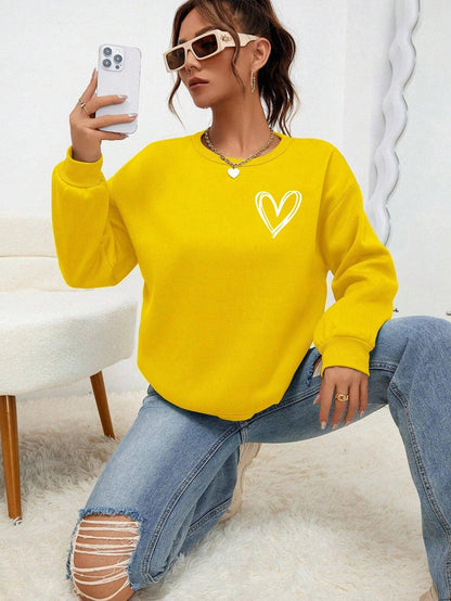 Simple Heart Pattern Printing Sweatshirts For Womens Casual Comfortable Crewneck Hoodies Loose Fleece Warm Sportswear Clothes - MauBai