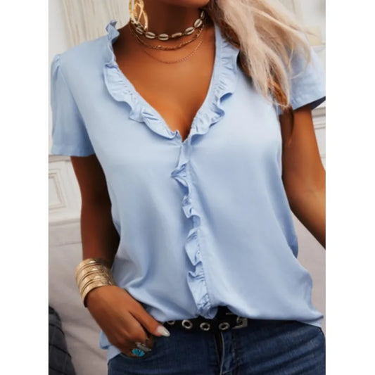 Elegant Light Blue Loose Shirt 2024 Summer Solid Color Ruffle Shirt Women's Top Short Sleeve Shirts Office Lady Pullover Blouse