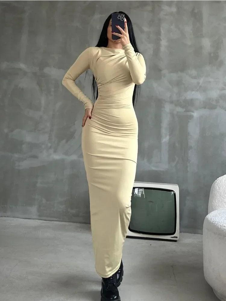 Tossy Pleated Long sleeved Slim Maxi Dress Women Solid Fashion Elegant Party Dress Gown Off-Shoulder High Waist Bodycon Dress - MauBai