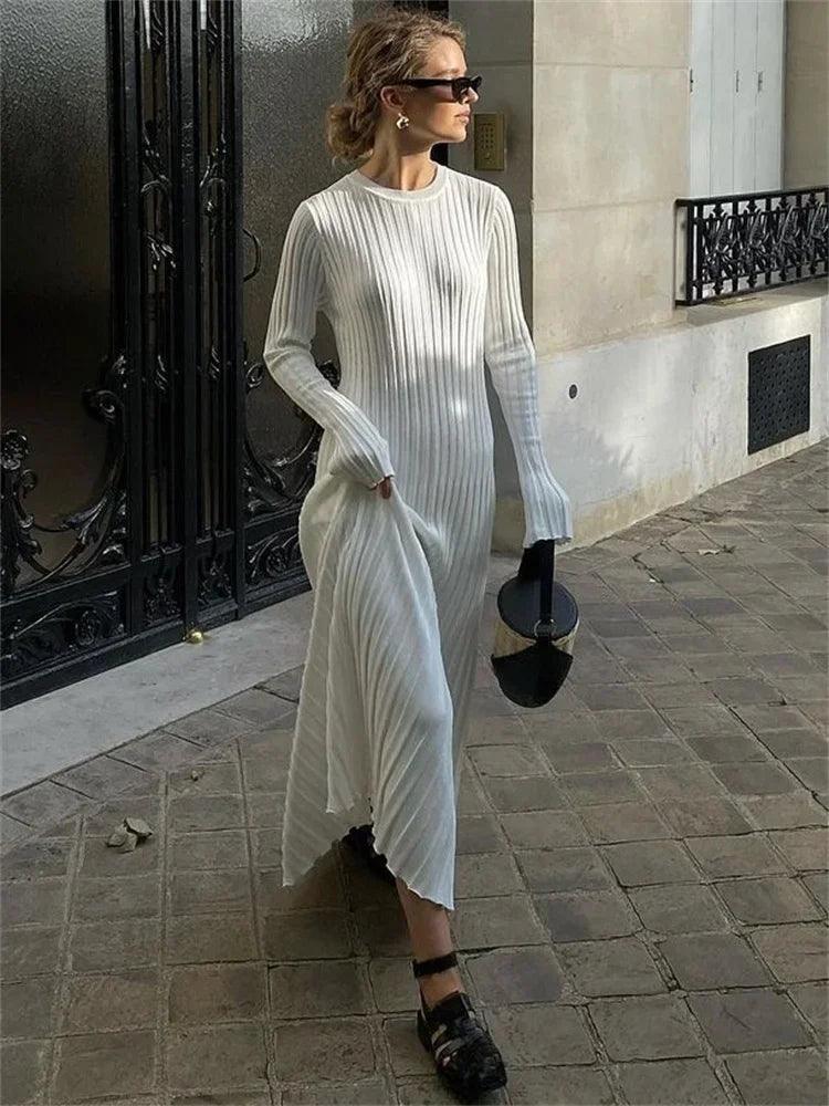 Tossy Lace-Up Female Knit Maxi Dress Autumn High Waist Fashion Patchwork Long Sleeve Loose Solid Dress Bandage Knitwear Dress - MauBai