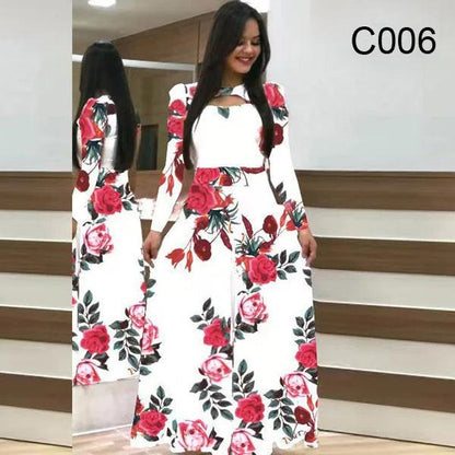 Spring /Autumn Fashion Flower Long Sleeved O-Neck Hollow Slim Fit Dress Women Elegant Long Vestido Maxi Clothes Robe Sexy Femme - MauBai