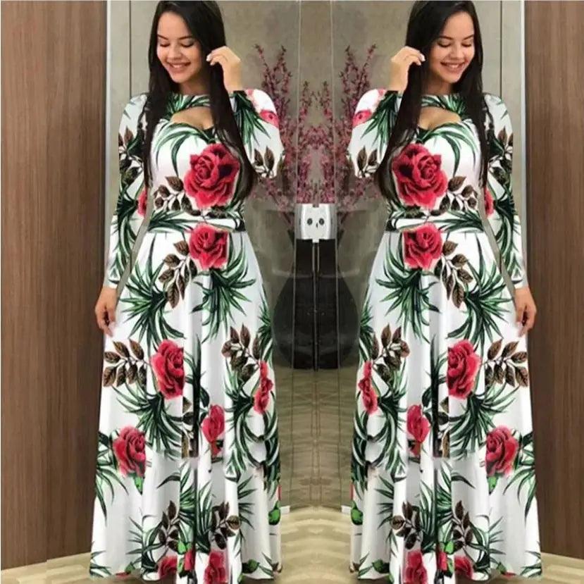 Spring /Autumn Fashion Flower Long Sleeved O-Neck Hollow Slim Fit Dress Women Elegant Long Vestido Maxi Clothes Robe Sexy Femme - MauBai