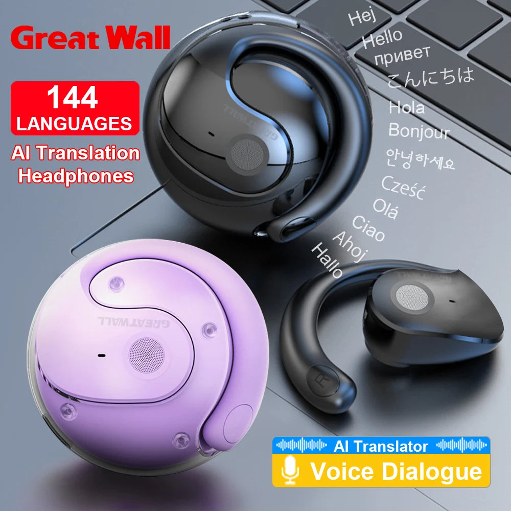 GreatWall NEW AI Real-Time Translation Wireless Bluetooth Earphones 144 Languages Headset Headphones HiFi Stereo HD Call Earbuds