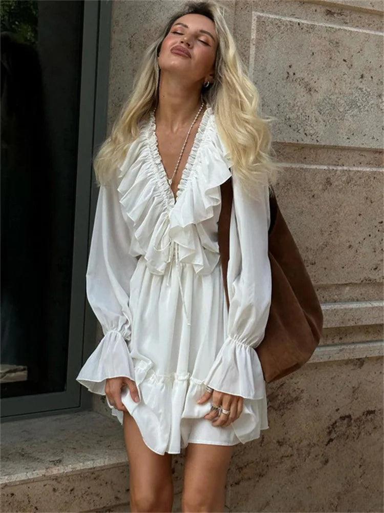 Tossy Ruffled V-Neck White Mini Dress Female Patchwork Long Sleeve Elegant Bandage Fashion Dress High Waist Lace-Up Women Dress - MauBai