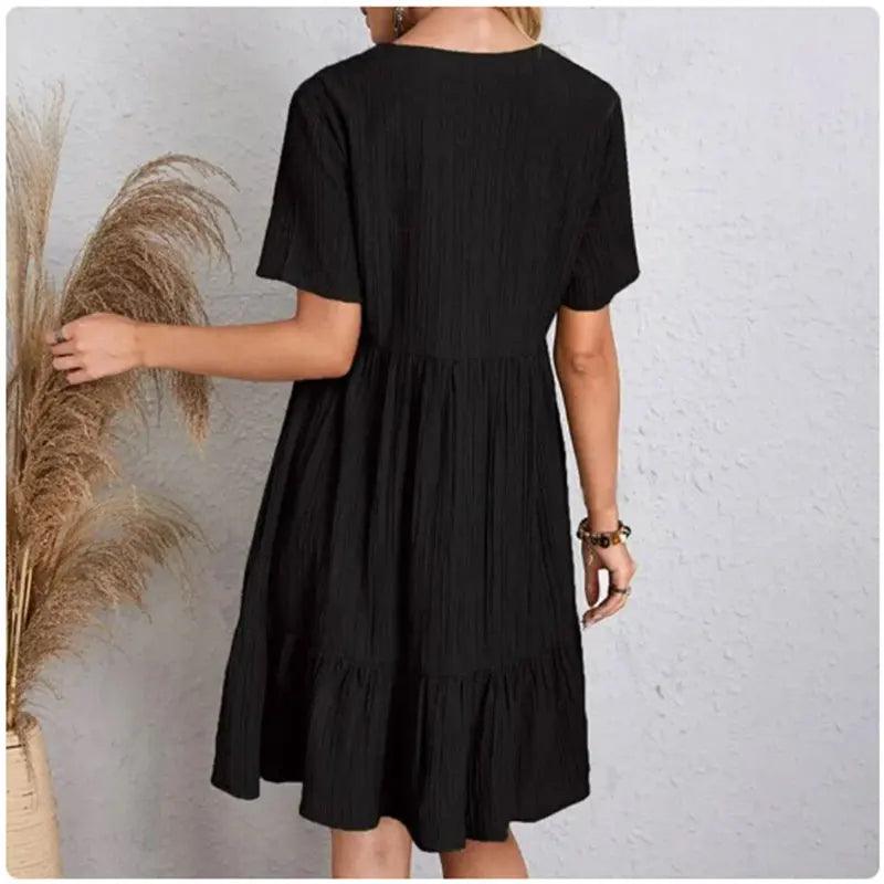 Women Summer Peplum Dresses Spring V-Neck Short Sleeve Loose Waist Ruffle Fit Flare Vocation Dresses - MauBai