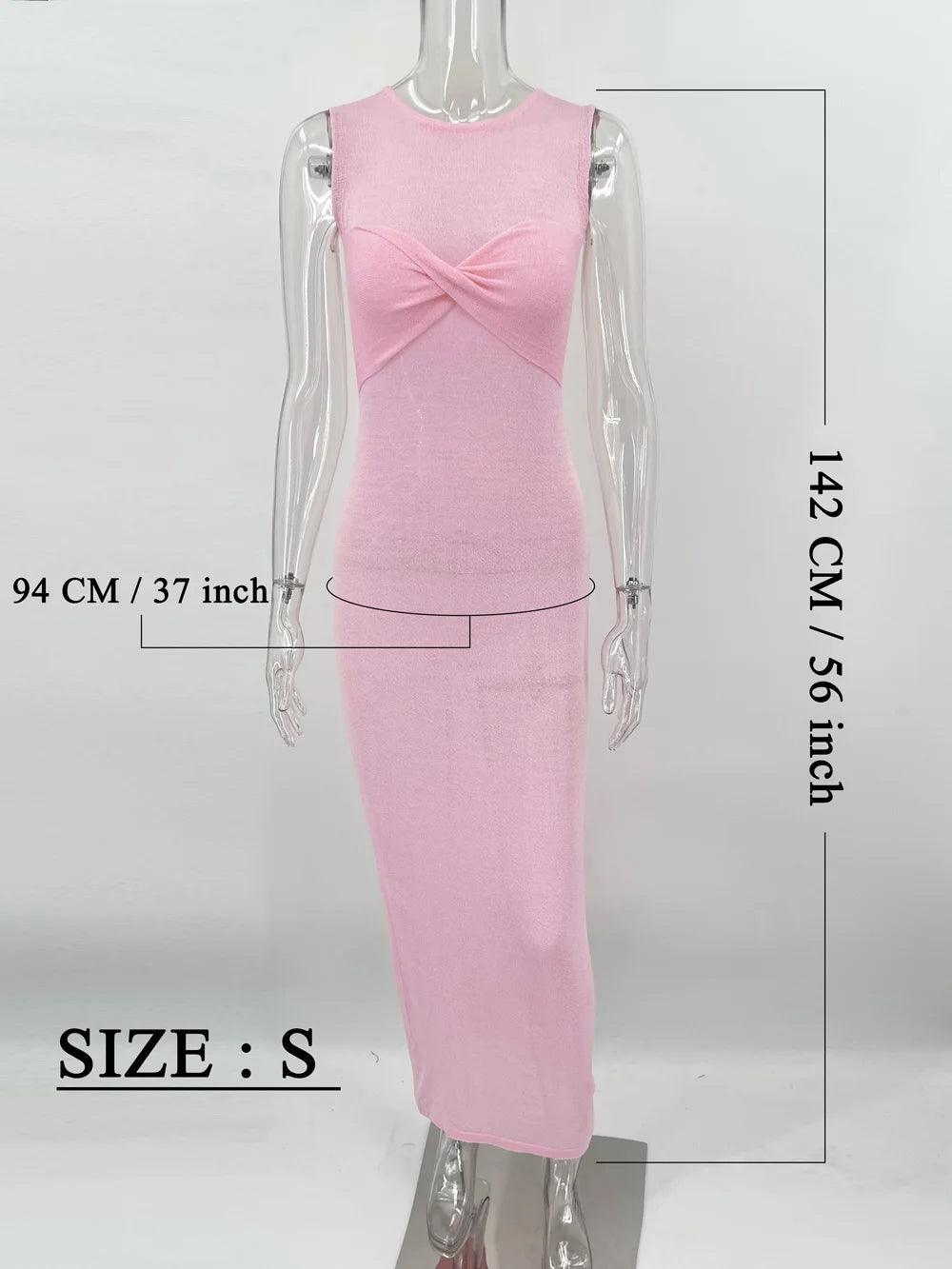 Tossy Summer Beach Knit Maxi Dress For Women Cover-Up Pink Sleeveless Twist Sundress Knitwear See-through Maxi Bodycon Dress New - MauBai