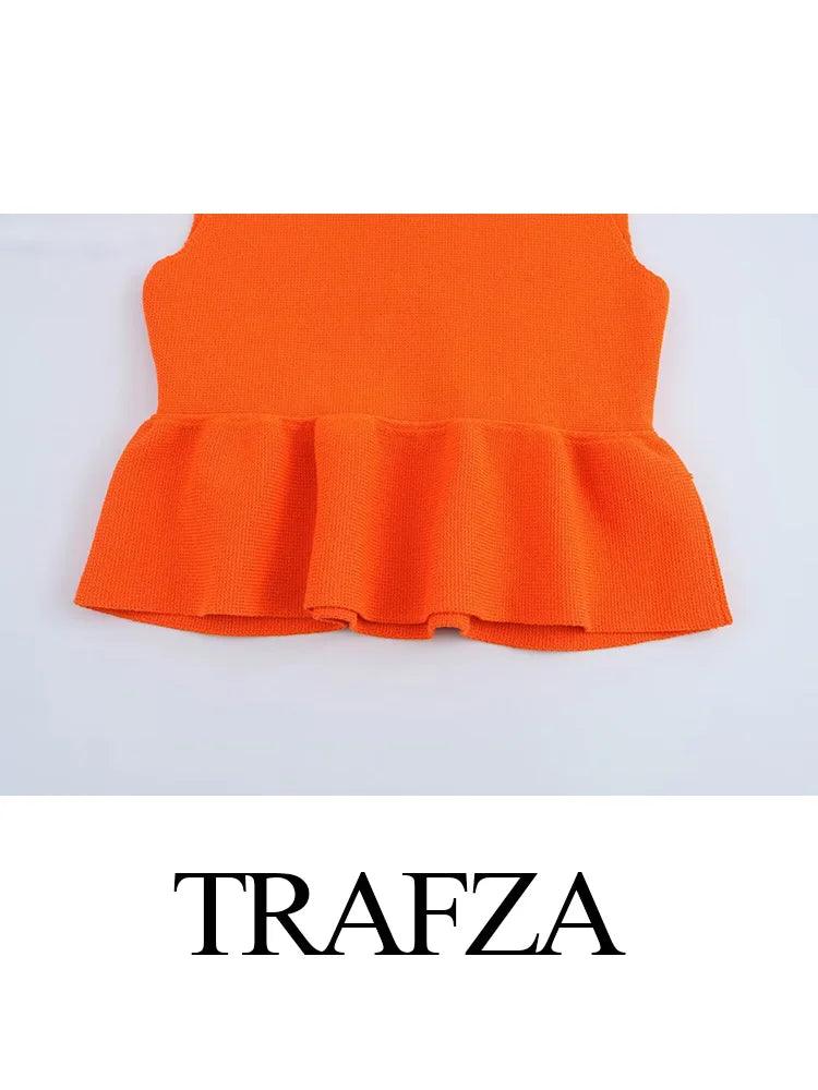 TRAFZA Women Fashion O-Neck Sleeveless Tops Pullover Vest Female Spring Nine-point Short Skirt Style Hem Knitted Sweater Tops - MauBai