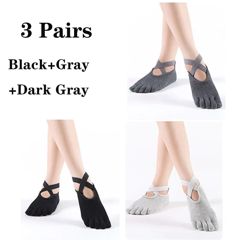 3 Pairs Non-slip Yoga Socks For Women Low-Ankle Pilates Socks Fingers Backless Bandage Solid Color Five Toe Floor Sport Socks