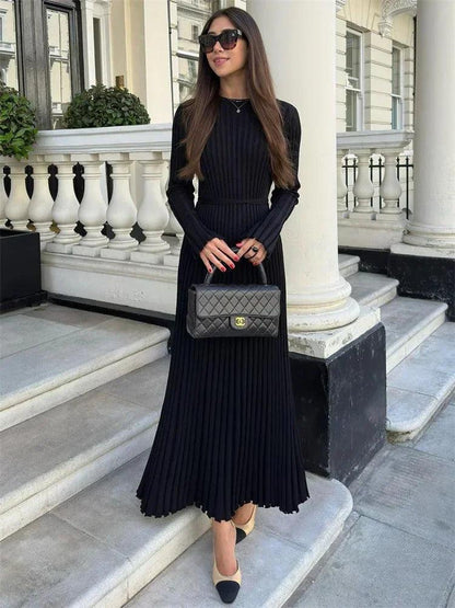 Tossy Lace-Up Female Knit Maxi Dress Autumn High Waist Fashion Patchwork Long Sleeve Loose Solid Dress Bandage Knitwear Dress - MauBai