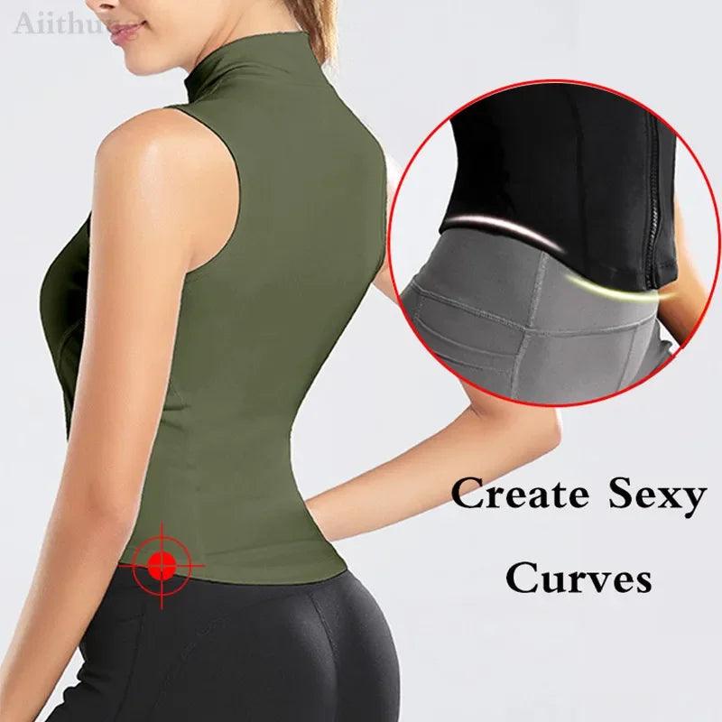 Aiithuug Athletic Zip Up Sweat Vest Jacket Sleeveless Running Yoga Tops High Neck Shirts Sports Top Fitness Women Workout Tops - MauBai