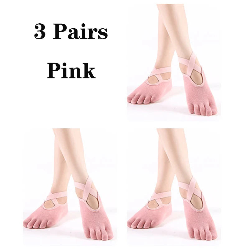 3 Pairs Non-slip Yoga Socks For Women Low-Ankle Pilates Socks Fingers Backless Bandage Solid Color Five Toe Floor Sport Socks