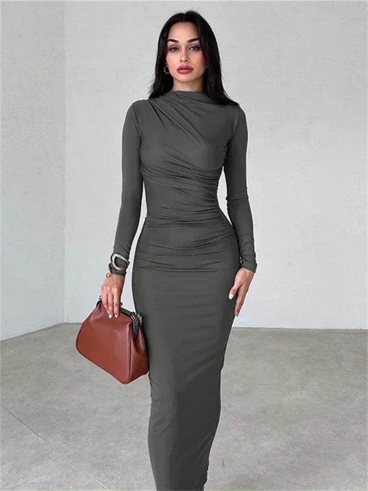 Tossy Fashion Pleated Autumn Dress Patchwork Elegant Women Long Sleeve Solid Vestidos Slim High Waist Bodycon Maxi Dress 2023 - MauBai