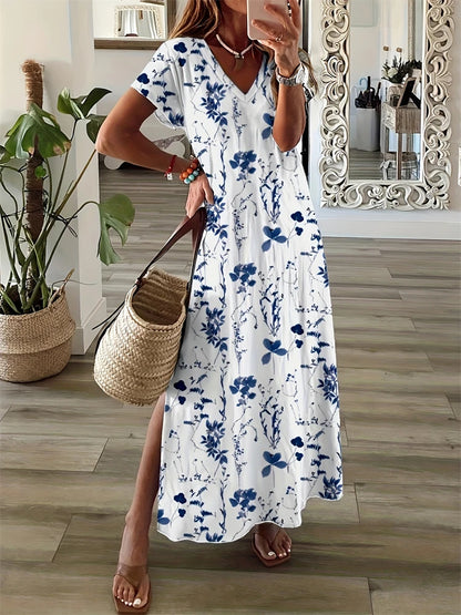 Women's Dresses Summer Ladies Textured Printed Evening Fashion Splicing V Neck Loose Bohemian Resort Split Long Dress Basic