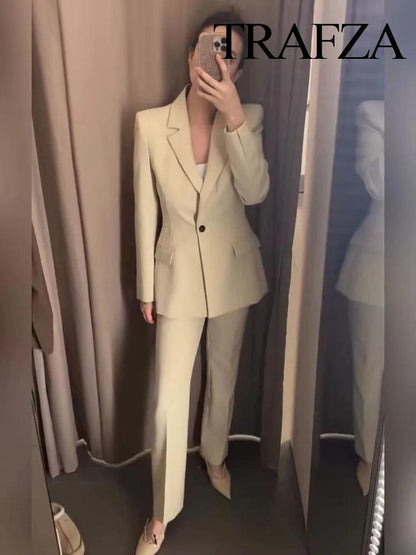 TRAFZA Women Blazer Suit Fashion Long Sleeves Lapel One Buckle Decorate Suit Jacket+Elegant Side Pocket Zipper Casual Trousers - MauBai