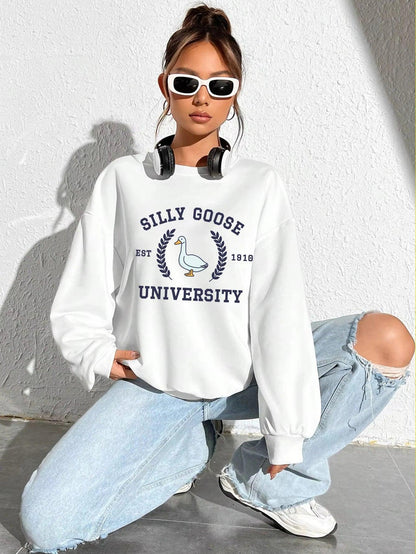 Silly Goose University Est 1918 Printde Woman Sweatshirt Casual Soft Clothing Loose Trendy Pullovers Autumn Crewneck Tops - MauBai