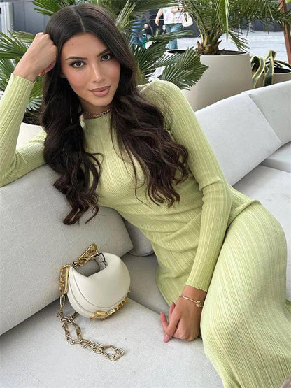 Tossy Long Sleeve Slim Knit Maxi Dress For Women High Waist Casual Fashion Elegant Party Dress Skinny Summer Female Dress 2023 - MauBai