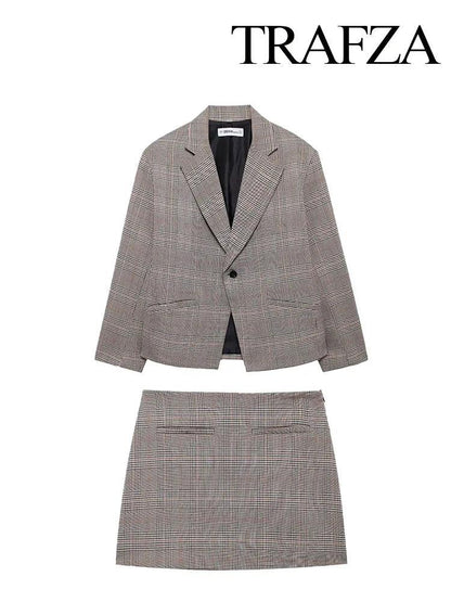 TRAFZA Women's Fashion Suits Plaid Turn-Down Collar Long Sleeves Single Button Blazers+High Waist Zipper Skirt Female Spring Set - MauBai