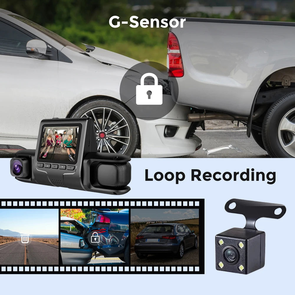 3 Camera Lens Car DVR 3-Channel Dual Lens Dash Cam HD 1080P Dash Camera Video Recorder 24H Parking Monitoring Dashcam