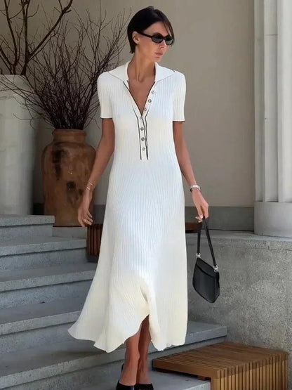 Tossy White Knit Fashion Maxi Dress For Women Short Sleeve Patchwork Elegant Party Dress Lapel High Waist Knitwear Women's Dress - MauBai