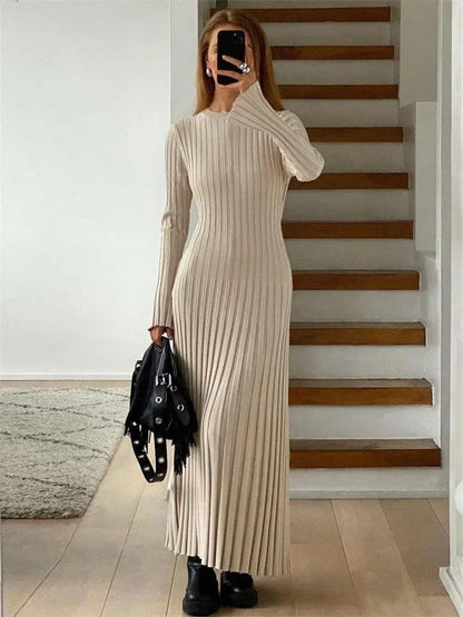 Tossy Lace-Up Female Knit Maxi Dress Autumn High Waist Fashion Patchwork Long Sleeve Loose Solid Dress Bandage Knitwear Dress - MauBai