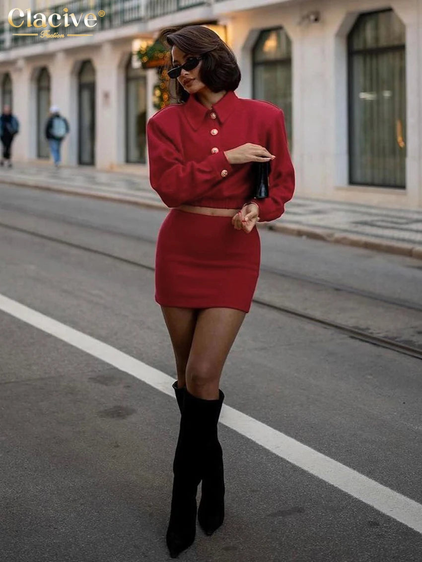 Clacive Fashion Slim Red 2 Piece Sets Women Outfit 2024 Elegant Long Sleeve Crop Top With High Waist Mini Skirts Set Female