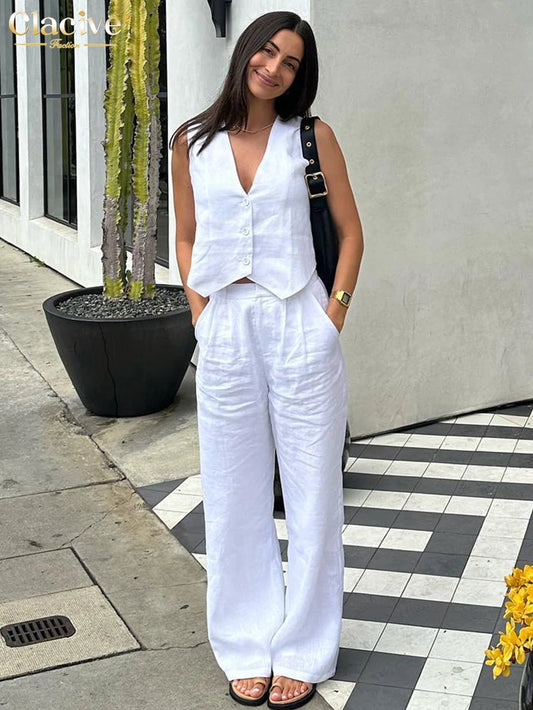 Clacive Summer White Linen Two Piece Set For Women 2024 Fashion Sleeveless Tank Top New In Matching High Waist Wide Pants Set - MauBai