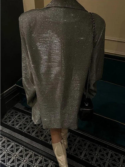 Tossy Sequin Glitter Lapel Suit Outwear For Women Luxury Long Sleeve Fashion Pocket Elegant Sparkle Coat Women's Suit Outwear - MauBai