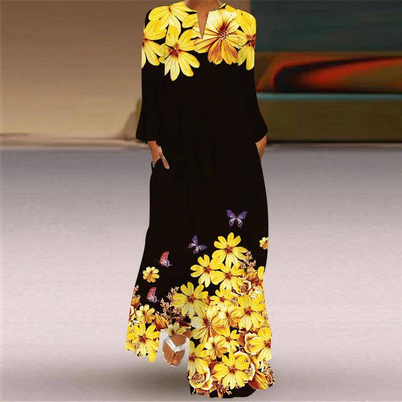 Ladies Autumn Long Dress Women Black Long Sleeve V-neck Elegant Dresses Party Casual Printed Vintage Female Dress For Women 2024