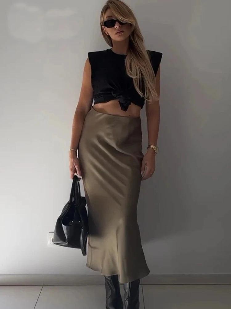 Tossy White High Waist Slim Maxi Skirt For Women Satin Fashion Elegant Solid Patchwork Casual Clothes Summer 2024 Long Skirt New - MauBai