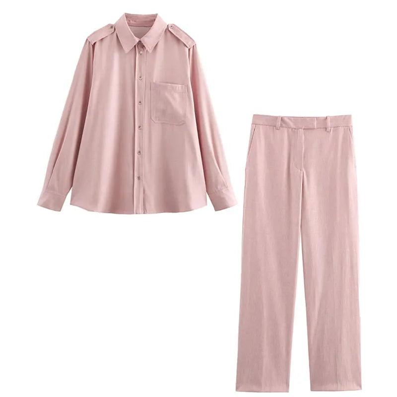 TRAFZA Women's Fashion Suit Pink Turn-Down Collar Long Sleeve Single Breasted Shirts+High Waist Long Pants Female Spring Sets - MauBai