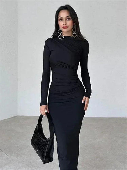 Tossy Fashion Pleated Autumn Dress Patchwork Elegant Women Long Sleeve Solid Vestidos Slim High Waist Bodycon Maxi Dress 2023 - MauBai