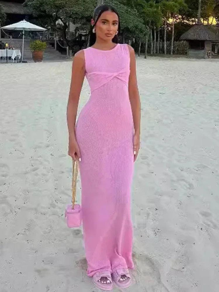 Tossy Summer Beach Knit Maxi Dress For Women Cover-Up Pink Sleeveless Twist Sundress Knitwear See-through Maxi Bodycon Dress New - MauBai