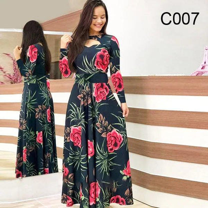 Spring /Autumn Fashion Flower Long Sleeved O-Neck Hollow Slim Fit Dress Women Elegant Long Vestido Maxi Clothes Robe Sexy Femme - MauBai