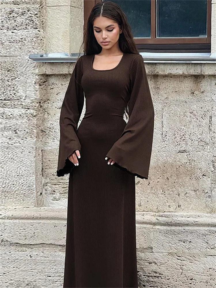 Tossy Scoop Neck Lace-Up Ribbed Maxi Dress Female Long Sleeve Fashion Slim Loose Bandage Dress Autumn 2023 Solid Women Dress New - MauBai