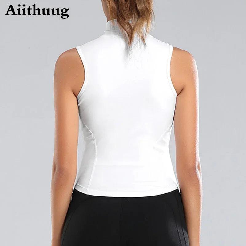 Aiithuug Athletic Zip Up Sweat Vest Jacket Sleeveless Running Yoga Tops High Neck Shirts Sports Top Fitness Women Workout Tops - MauBai