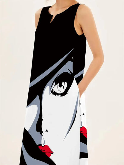 2024 Spring Summer Hot Women's Dresses Art Line Mask Print Sexy Sleeveless V-neck Long Dress Casual Women's Clothing Maxi Dress