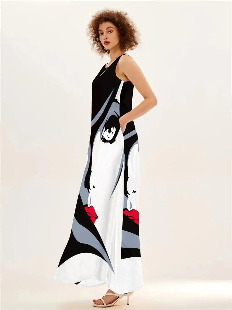 2024 Spring Summer Hot Women's Dresses Art Line Mask Print Sexy Sleeveless V-neck Long Dress Casual Women's Clothing Maxi Dress