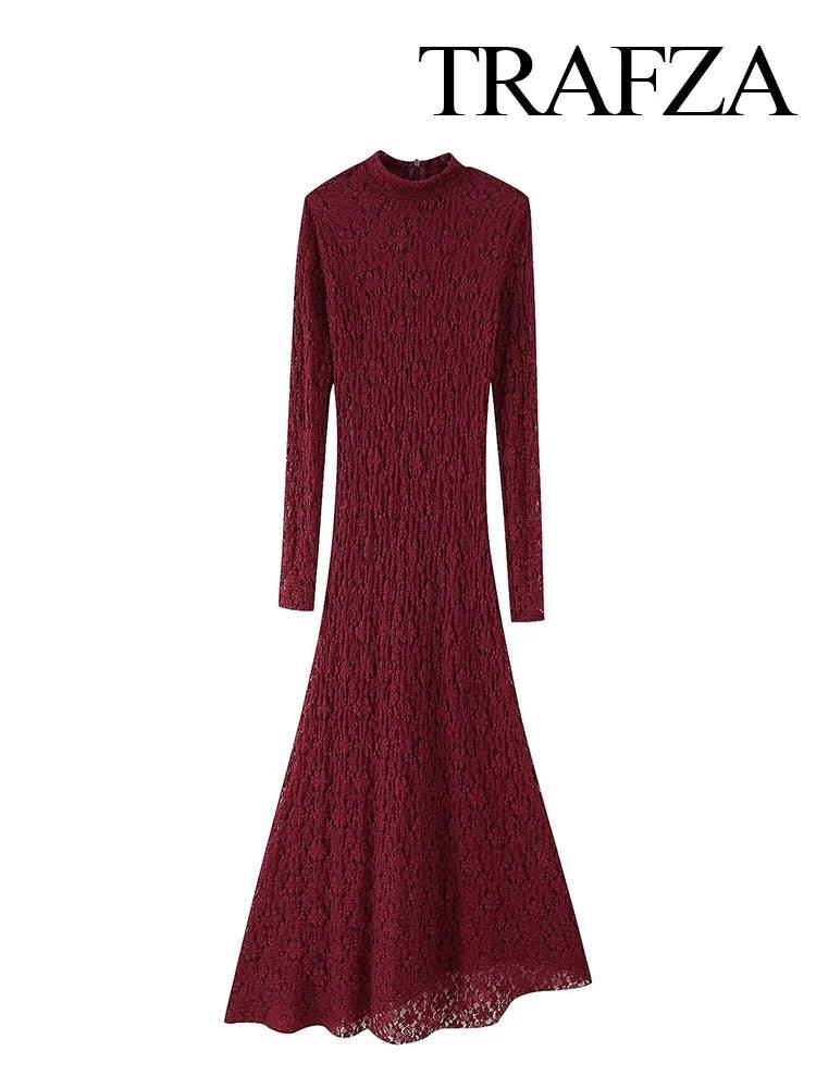 TRAFZA Women Elegant Wine Red Rear Zipper Party Midi Dress Woman Chic Long-Sleeved Asymmetry Lace Decoration Sexy Evening Dress - MauBai