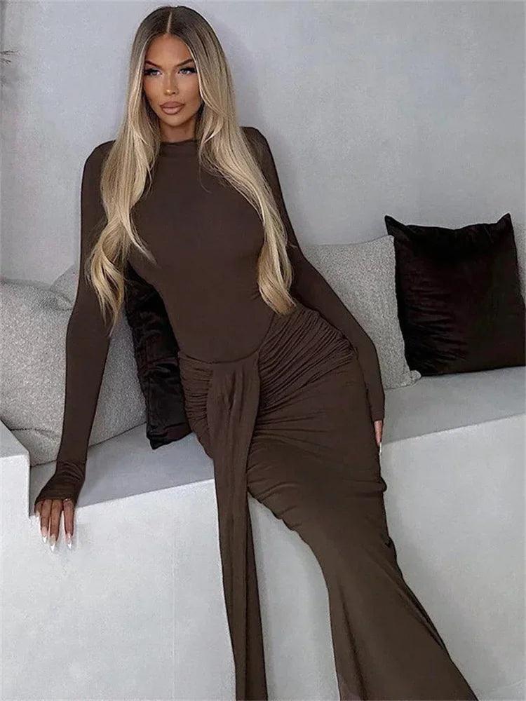 Tossy Winter Ladies 2 Piece-Set Maxi Skirt Casual High Waist Jumpsuit And Pleated Long Skirt Outfits Sexy Solid Skinny Outfits - MauBai